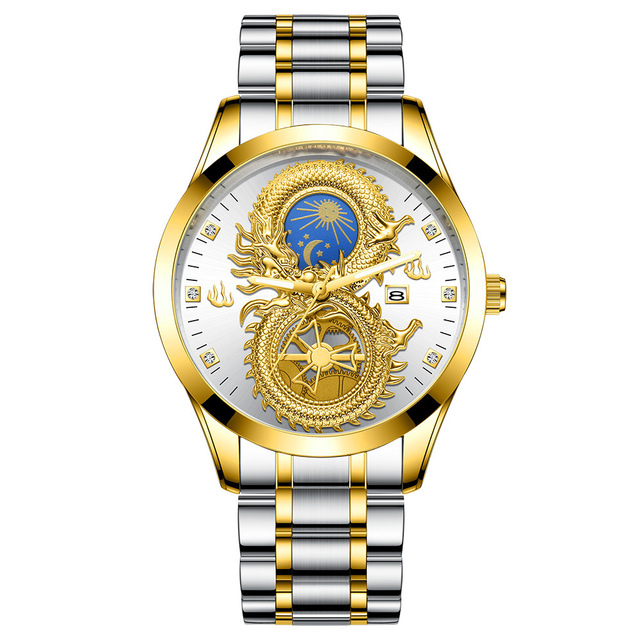 FNGEEN Mens Watches Luxury Brand Chinese Golden Dragon Quartz Watch Diamond Dial Stainless Steel Watch Male Relogio Masculin