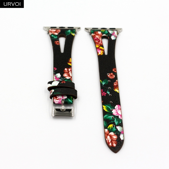 URVOI Leather Band for Apple Watch Series 7 6 SE 5 4 3 Strap for iwatch 41 45mm T Hole Flowers Printed Wrist Women Band