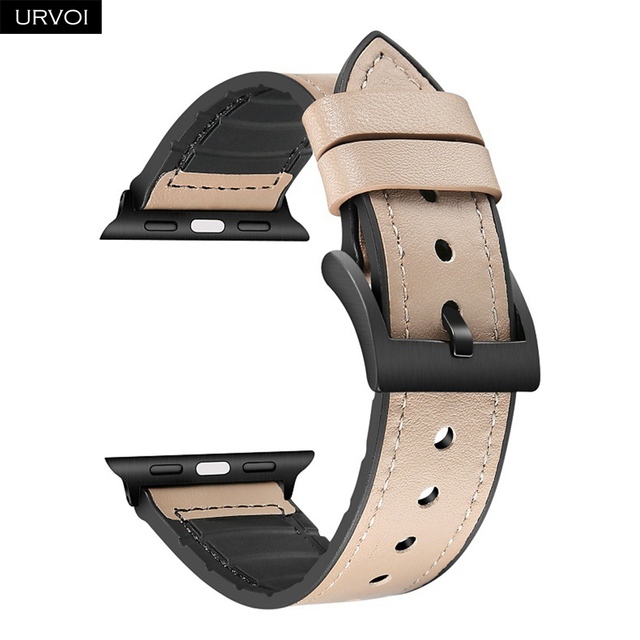 URVOI Strap for Apple Watch Series 7 6 SE 5 4 3 2 1 Leather Strap Silicone Back for iwatch Strap Breathable 41 45mm Buckle Black