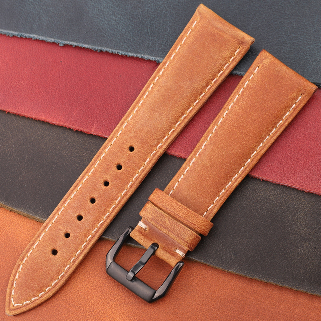 Oil Wax Genuine Leather Watchband Women Men Cowhide Watch Strap Band 18mm 20mm 22mm 24mm Watch Watch Bracelet Metal Clasp