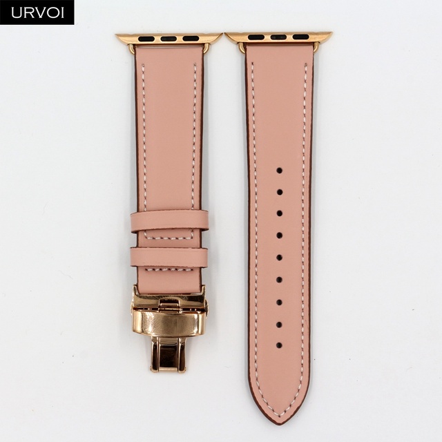 URVOI Deploy Buckle Band for Apple Watch 7 6 SE 5 4 3 Leather Strap for iwatch 41mm 45mm Single Round Design Butterfly Buckle