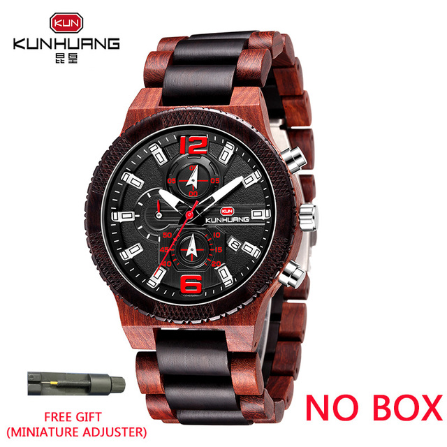 KUNHUANG Top Luxury Wooden Watches Men Sport Chrono Quartz Watches Men Date Luminous Wooden Watch Man Relogio Masculino