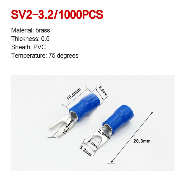 1000pcs SV 1.25 2 3.5-(3 4 5 6) Insulated Wire Terminals Electrical Lug Crimp Terminal 1.5-2.5mm-4mm 16-14 awg