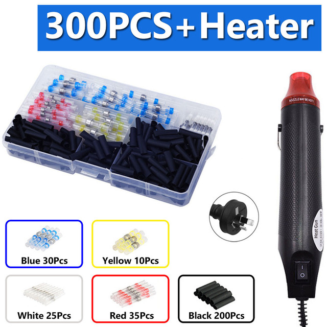 300pcs Electric Heat Shrink Butt Terminals Crimp Terminals Waterproof Welding Insulator Wire Twisting Cable Terminal Kit With 300W Hot Air Gun