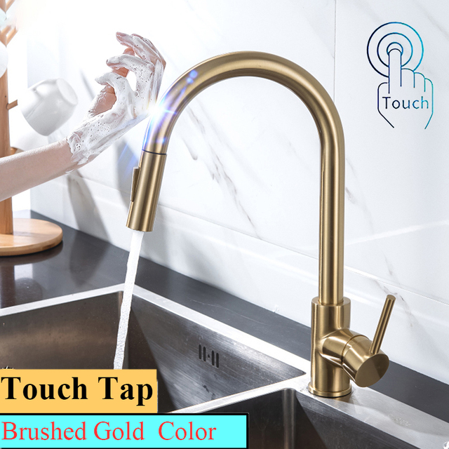 Touch On Kitchen Faucet With Pull Down Sprayer, Touch On Kitchen Sink Stainless Steel Faucet Hot Cold Sensor Kitchen Mixer Tap