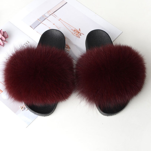 Genuine Fluffy Fur Slippers Women Summer Indoor Flip Flops Fur Sandals Slides Ladies Home Furry Plush Shoes Woman Fur Slides