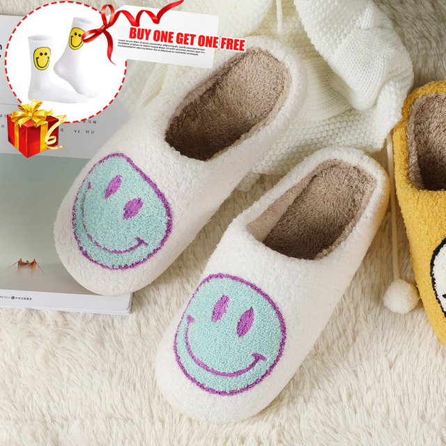 Winter Women Slippers Fluffy Smiley Face Slippers Fur Warm Couple Cotton Shoes Home Indoor Thick-soled Non-slip Floor Shoes 2022