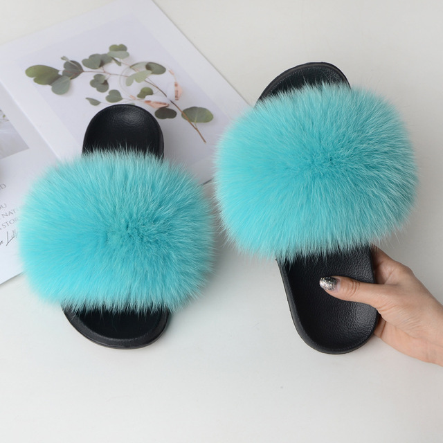 Summer fox fur slippers flat non-slip solid plush home shoes