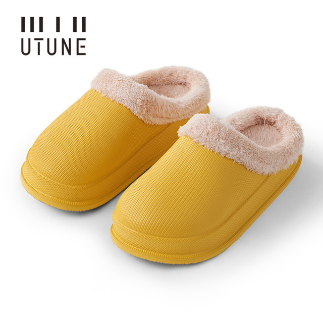 UTUNE Winter Slippers Men Shell Mules Waterproof EVA Indoor Plush Warm Shoes Women Anti-slip Garden Home Slippers Thick Solid