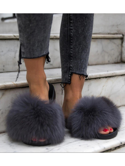 Women Fox Shoes Fur Slippers Real Fox Fur Slides Home Furry Flat Sandals Female Cute Wholesale House Shoes Woman Luxury Brand Ho