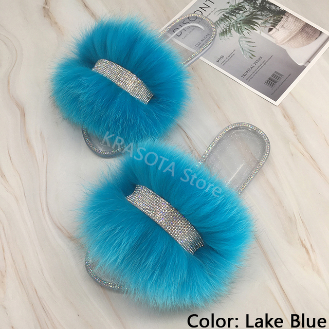 Jelly Slippers Transparent Crystal Flat Slippers Furry Slides for Women Fluffy Slippers Fur Sandals Flip Flop Ladies Summer 2022