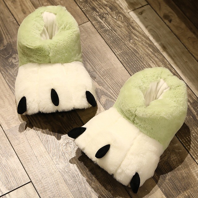 Women Creative Cute Plush Bear Paw White Long Tube Cotton Shoes Couple Indoor Winter Home Warm Cartoon Non-slip Fuzzy Slippers