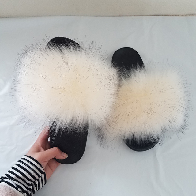 Women Summer New Synthetic Fox Fur Slippers Indoor Home Furry Cute Faux Raccoon Fur Non-slip Outdoor Home Shoes Beach Sandals