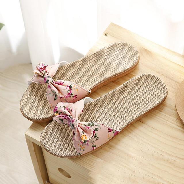 Summer Bowknot Linen Slippers Women Ladies Slippers Soft Bottom Silent Indoor Slippers Casual Slides Breathable Beach Shoes