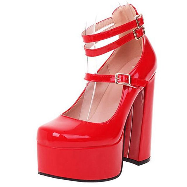 REAVE CAT Women Pumps Square Toe High Block Heels Buckle Straps Punk Platform Big Size 35-41 Solid Red Black Sexy Spring S3626