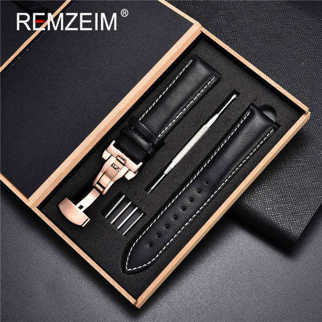 Rimzm Soft Calfskin Leather Watches 18mm 20mm 22mm 24mm Straps Automatic Butterfly Clasp Watch Accessories With Box