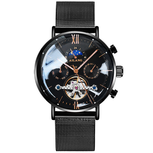 AILANG Men's Top Brand Luxury Fashion Three Eyes Luminous Waterproof Mesh Watches Tourbillon Mechanical Watch Relogio Masculino