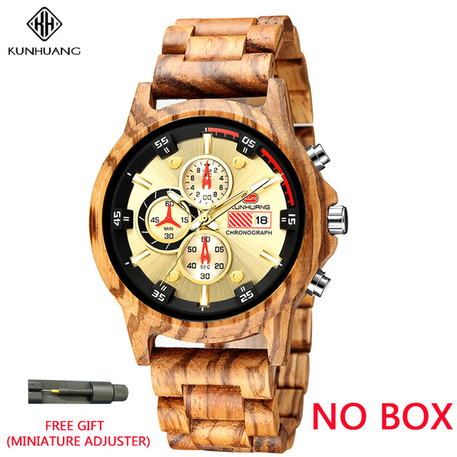 Kunhuang Men Watches Luxury Brand Wooden Walnut Sport Quartz Watch Men Fashion Date Chronograph Watch Relogio Masculino