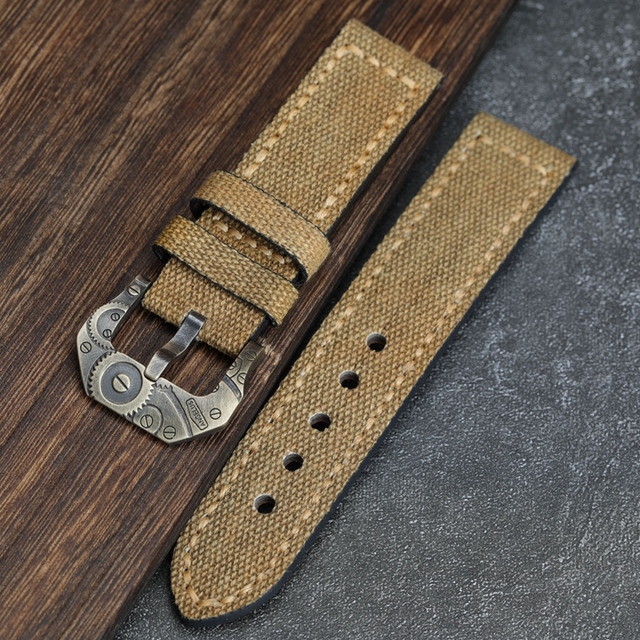 Handmade Canvas + Leather Watchband 20 22 24 26mm Compatible Bronze Strap Personalized Bronze Buckle