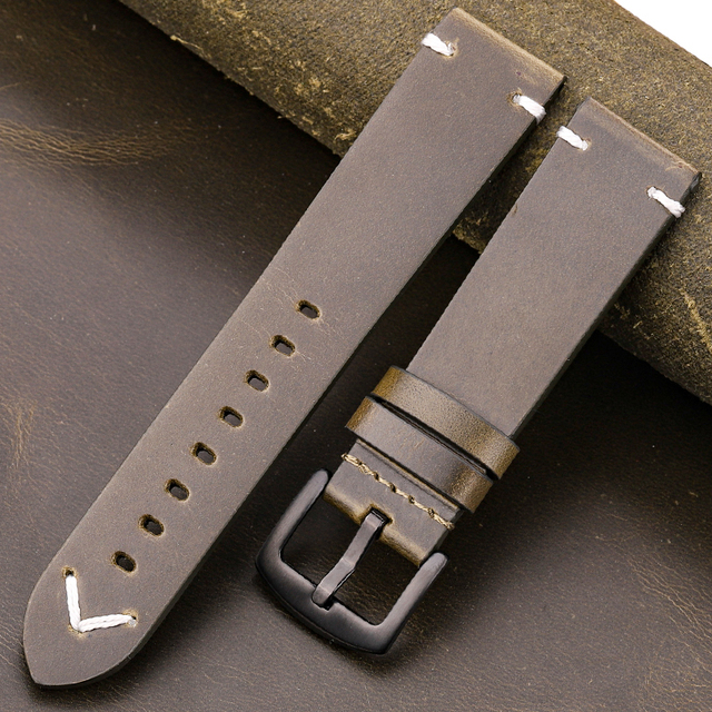 Handmade Genuine Leather Watchband Oil Wax Cowhide Smart Watch Band 18mm 20mm 22mm 24mm brwin black green yellow strap