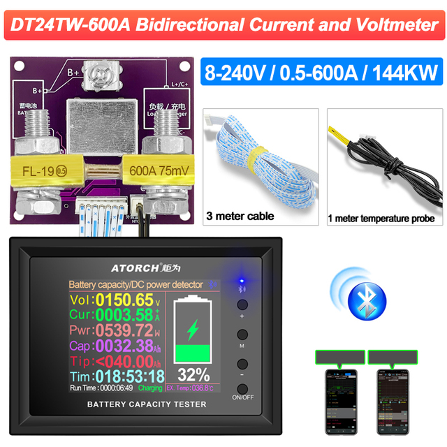 DC 8-240V 100A 200A 300A 400A 500A 600A 1000A Battery Tester Voltage Current RVS Meter Battery Coulomb Capacity Indicator