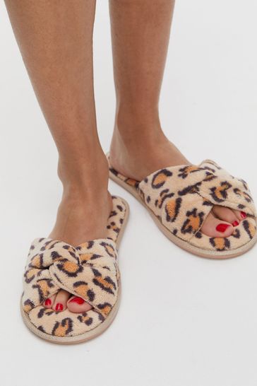 Oliver Bonas Brown Animal Print Faux Fur Knotted Slippers