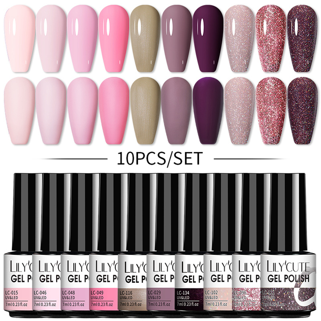 LILYCUTE 10/20/8/2pcs Gel Nail Polish Set Semi Permanent Glitter Hybrid Varnish Base Top Coat Soak Off UV LED Nails Gel