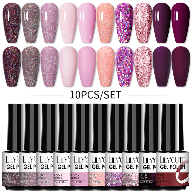 LILYCUTE 10/20/8/2pcs Gel Nail Polish Set Semi Permanent Glitter Hybrid Varnish Base Top Coat Soak Off UV LED Nails Gel