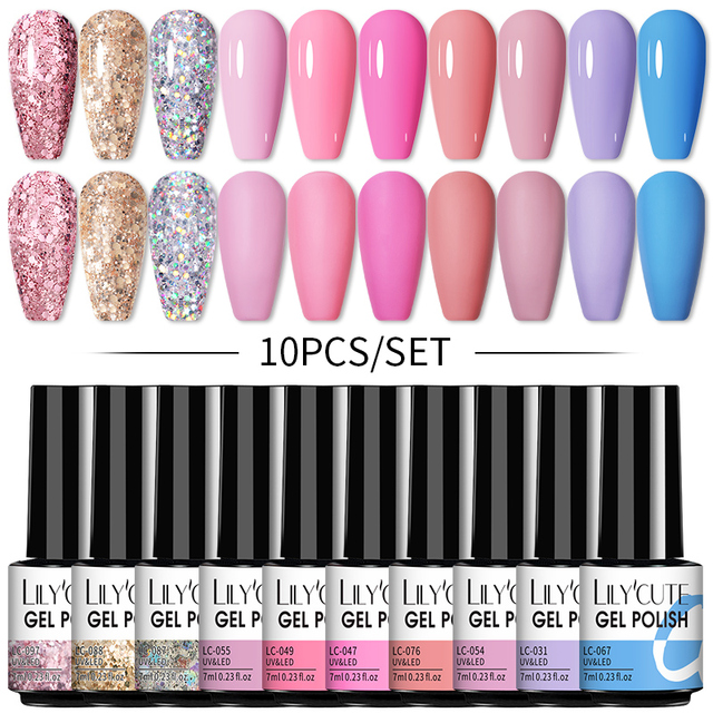 LILYCUTE 10/20/8/2pcs Gel Nail Polish Set Semi Permanent Glitter Hybrid Varnish Base Top Coat Soak Off UV LED Nails Gel