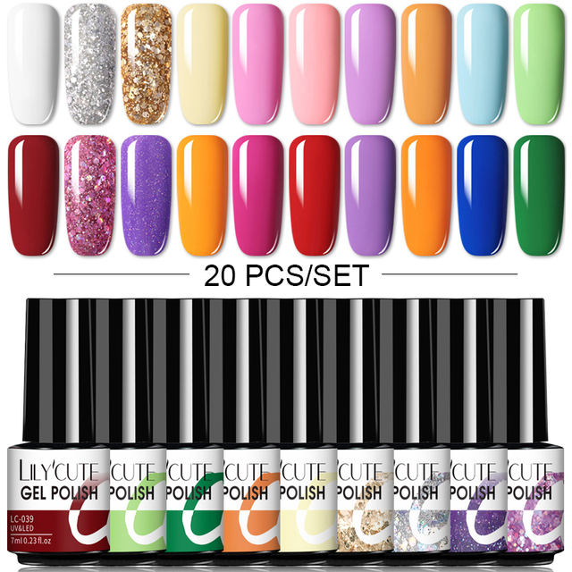 LILYCUTE 10pcs Gel Nail Polish Set With UV Lamp Nude Gel Semi Permanent Hybrid Varnish Base Top Coat Soak Off UV LED Nail Art