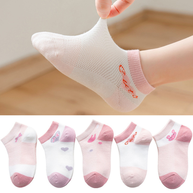 5 Pairs Girls Cotton Socks Summer Thin Mesh Breathable Cute Cartoon Children Socks Toddler Baby Girls Socks Pink 1-12 Years