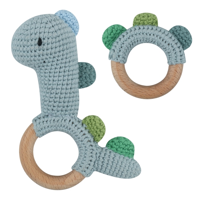 1pc or 2pcs/set BPA Free Crochet Dinosaur Baby Teether Rattle Safe Beech Wooden Teether Ring Newborn Mobile Sport Educational Toy