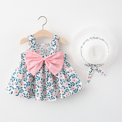 Summer Toddler Infant Girl Clothes Set Baby BeBe Beach Dresses Cute Bow Plaid Sleeveless Cotton Newborn Princess Dress+Sunhat