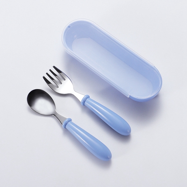 Stainless steel children fork spoon set baby learning short handle utensils cute baby training tableware infant feeding knives