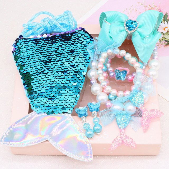 Girls Little Mermaid Party Accessories Necklace Ring Earrings Bracelet Kids Toy Birthday Gift Magic Embroidery Shoulder Bag Headband