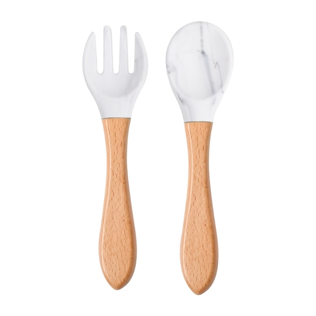 2pcs Silicone Baby Tips Feeding Training Spoon and Fork Set with Wooden Handle Toddlers Babies Eat Standalone Accessory