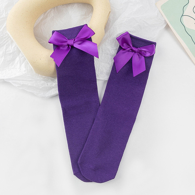 2021 New Girls Knee High Socks with Bows Candy Color Cotton Breathable Stockings Princess Socks School Navy Blue Socks