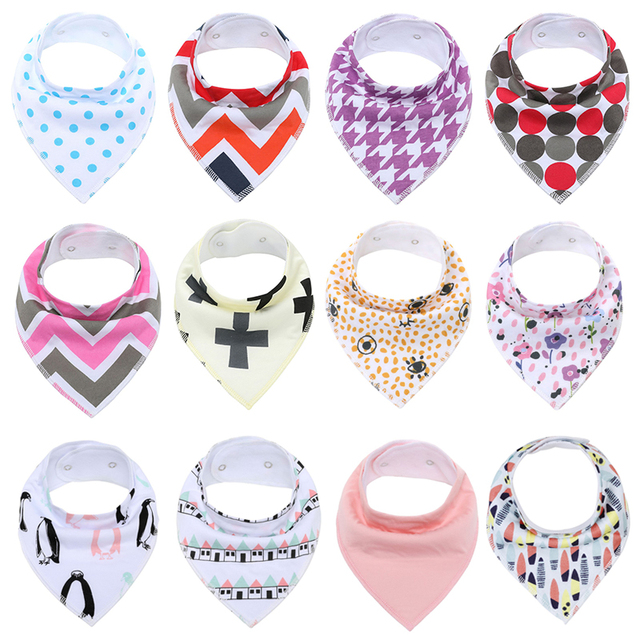 12packs/lot 100% Cotton Bandana Bibs for Drooling Teething Newborn Infant Adjstable Snaps Absorbent Baby Bibs