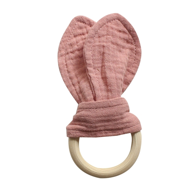 Baby Wooden Hand Grasp Soft Toy Cotton Cute Rabbit Ears Teether Bracelet Rattle