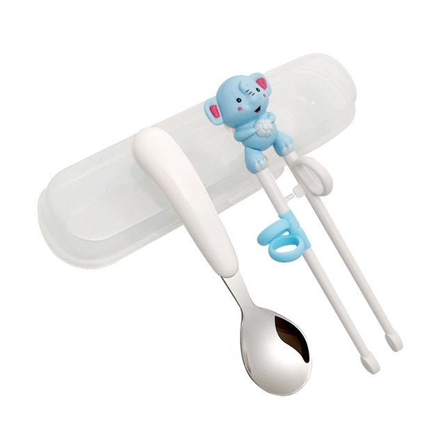 1 Pair Cartoon Learning Chop Sticks Reusable Training Baby Chopsticks or Feeding Spoon Tableware Learning Eating Set with Box