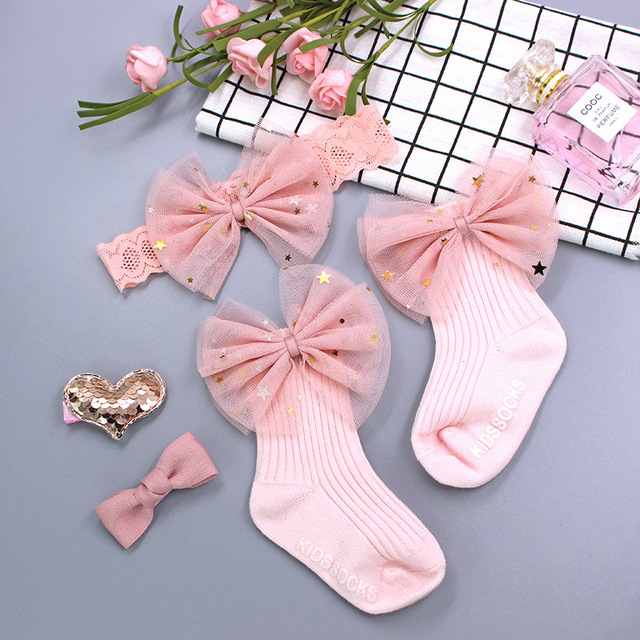 Baby Girl Lace Flower Headband Socks Set Cotton Baby Socks Newborn Socks Anti Slip Floor Socks Elastic Baby Hair Band