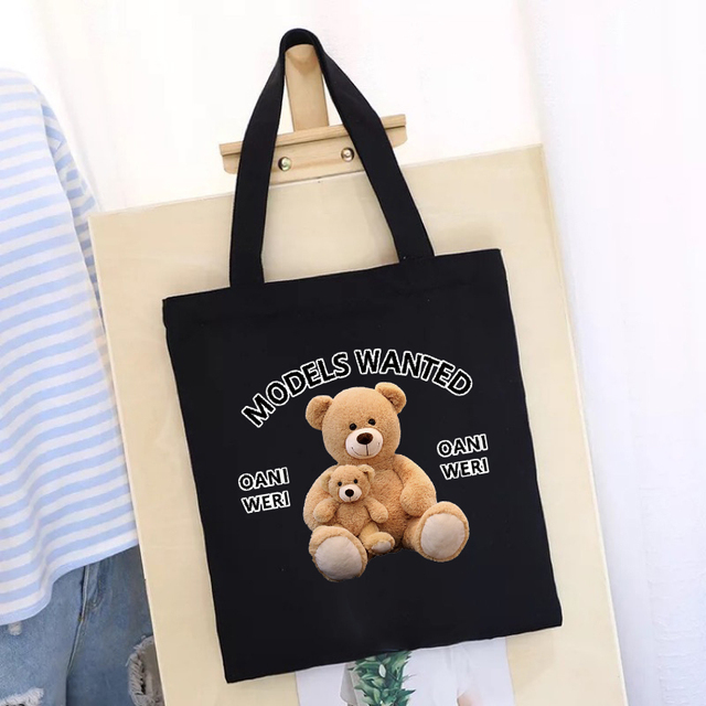 Women's Shopping Bag All-match Bear Chain Handbag Folding Reusable Canvas Shopper Harajuku Style Bag New Student Canvas Tote Bag