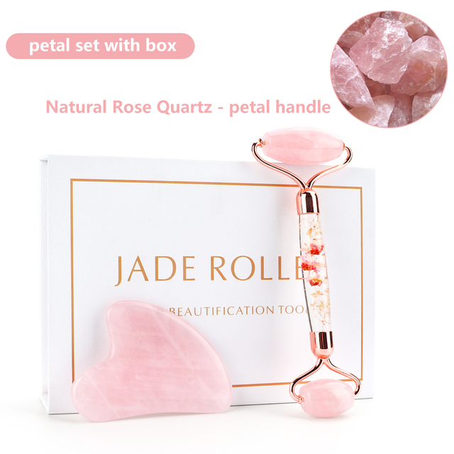 Natural Pink Quartz Jade Roller Gua Sha Set Facial Body Massager Roller Stone Jade Massage Set Face Lifting Beauty Massage Device