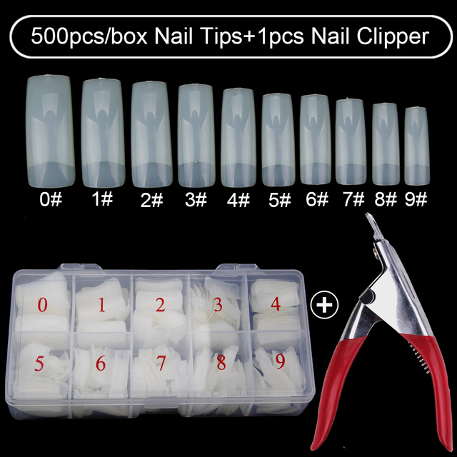 500pcs/box Clear Artificial False Nail Tips Capsule with Nails Cutter Coffin French Full Cover Fake Nails Manicure Tools