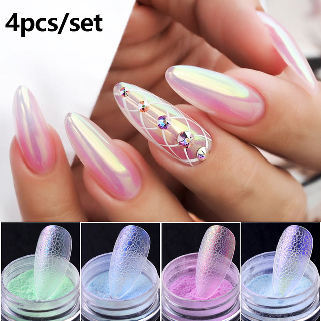 4pcs/set Nail Glitter Powder Silver Iridescent Efffect Sequins Nail Art Foils Nail Art Chrome Pigment Decoration