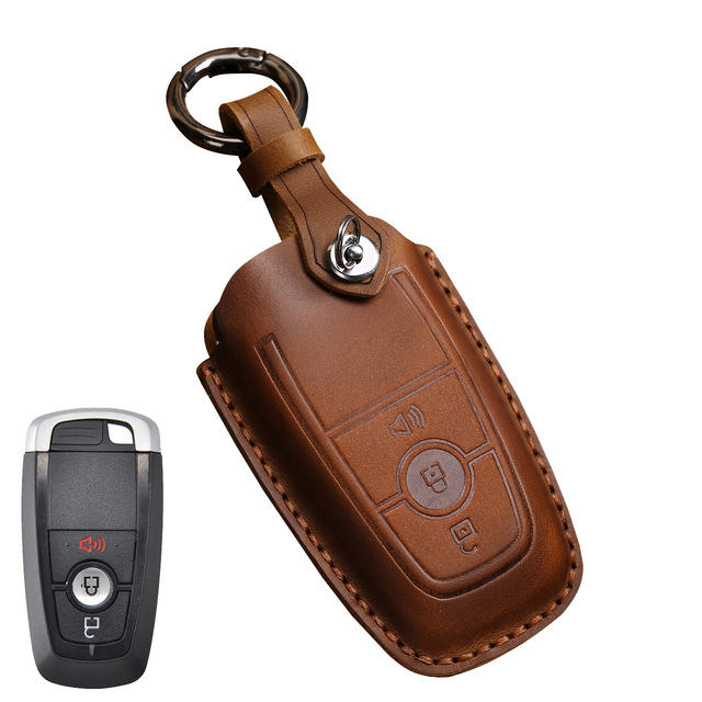 Leather Key Case Cover Fob Keychain Holder For Lincoln Ford Raptor F150 Explorer Everest Ranger Accessories Remote Keyring Bag