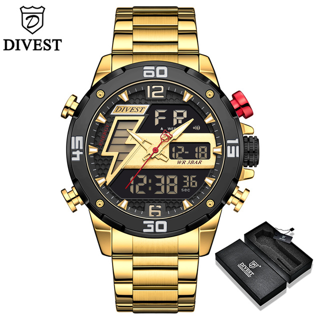 DIVEEST Authentic Gold Watch Men Luxury Brand Analog Quartz Casual Sports Watch Digital Military Chronograph Wrist Watches for Men