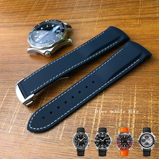 19mm 20mm 21mm 22mm Rubber Silicone Curved End Watchband Folding Buckle Watchband For Omega Seamaster 300 AT150 Watch Speedmater