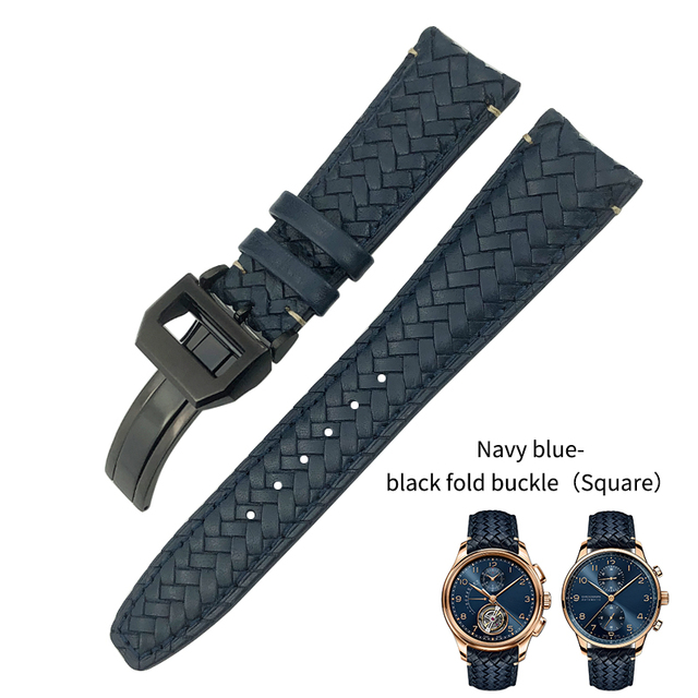 20mm 21mm 22mm Woven Genuine Leather Watch Band Cowhide Strap Fit For IWC Portugieser Pilot IW394005 IW3777 Blue Soft Watchband