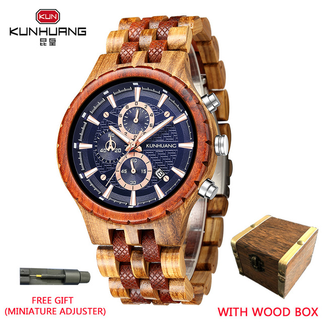 Kunhuang Business Men's Watch Wooden Stopwatch Date Display Chronograph Quartz Wrist Watches relogio masculino